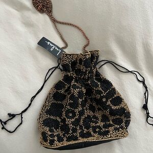 Lulus Black and Gold Leopard Beaded Drawstring Evening Purse - NWT